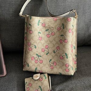 Coach Mollie 22 Beige and Pink Cherry Heart Pattern Shoulder Bag and wallet